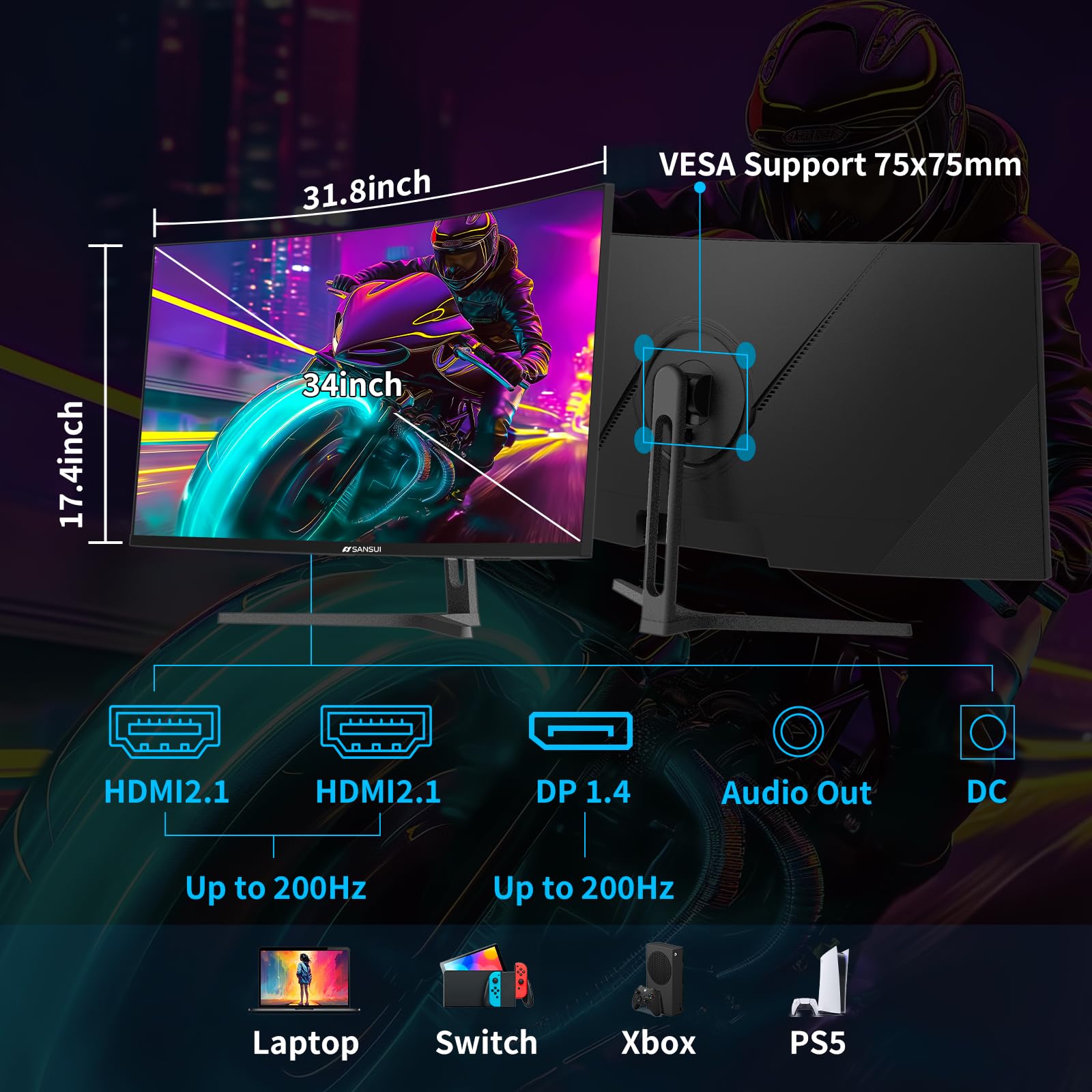 SANSUI Monitor curvo para jogos de 34 polegadas UWQHD 3440 x 1440
